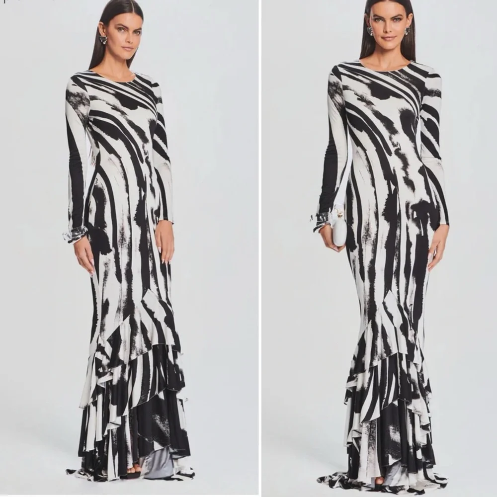 NEW Retrofete Sara Dress in Zebra Ink Open Back Ruffle Mermaid Hem Maxi Gown - Picture 10 of 14